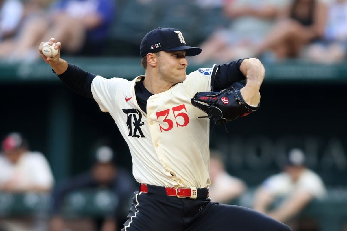 May 30, 2025; Arlington, Texas, USA; Texas Rangers pitcher Jack Leiter (35) throws a pitch during the first inning against the St. Louis Cardinals at Globe Life Field. Mandatory Credit: Tim Heitman-Imagn Images