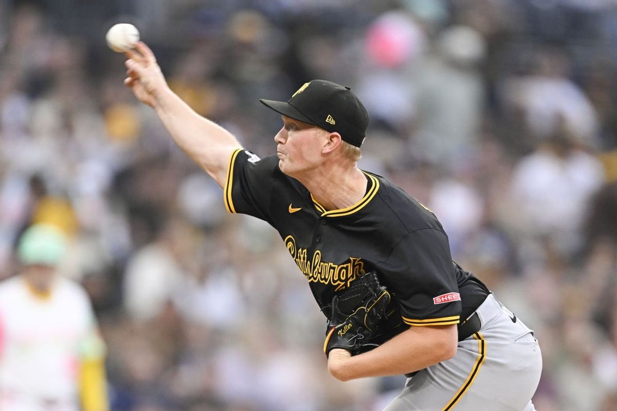May 30, 2025; San Diego, California, USA; Pittsburgh Pirates starting pitcher Mitch Keller (23) delivers during the first inning against the San Diego Padres at Petco Park. Mandatory Credit: Denis Poroy-Imagn Images