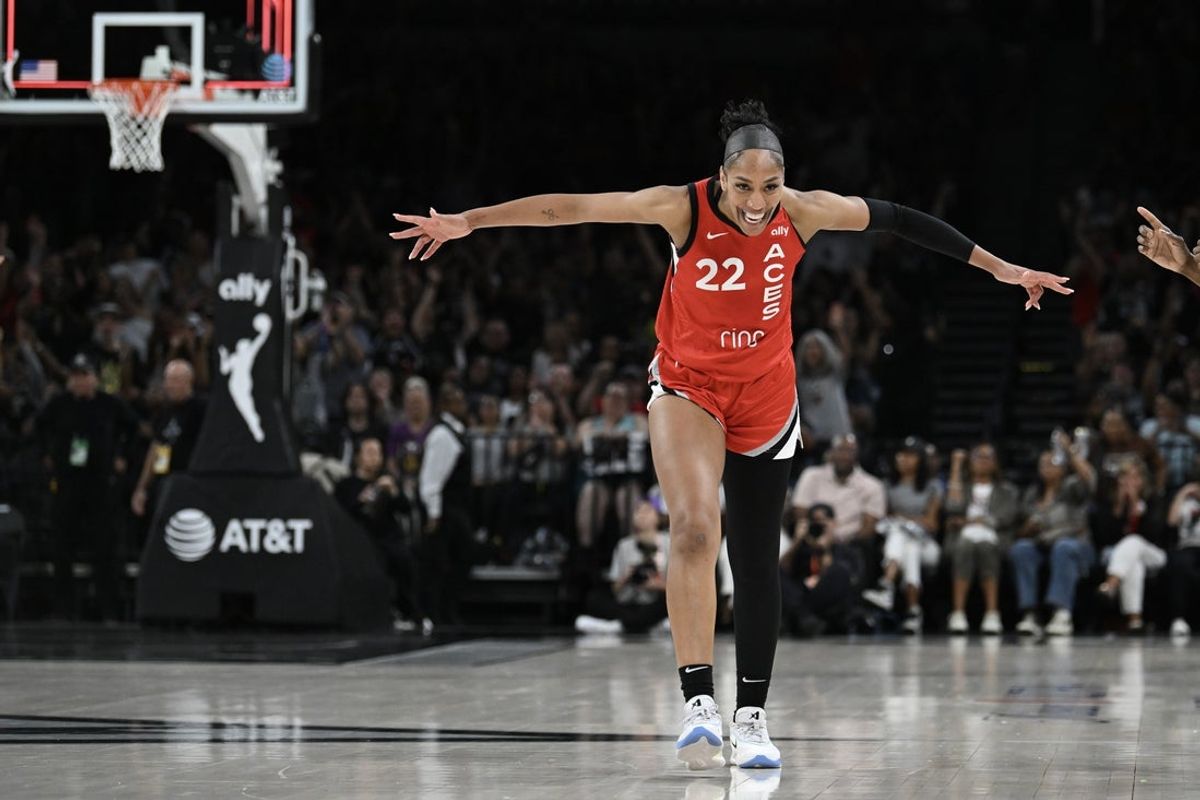 May 30, 2025; Las Vegas, Nevada, USA; Las Vegas Aces center A'ja Wilson (22) reacts to a play against the Los Angeles Sparks at the end of the second quarter of their game at Michelob Ultra Arena. Mandatory Credit: Candice Ward-Imagn Images