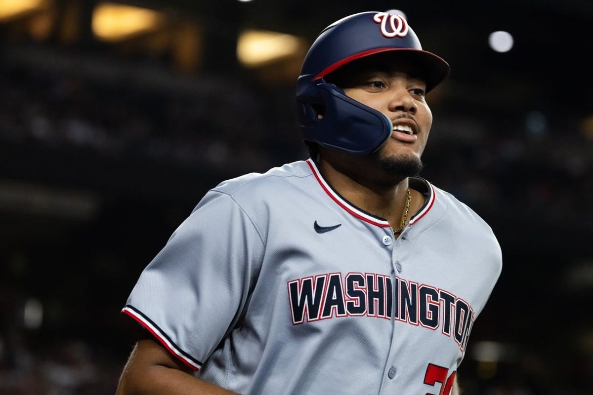 May 30, 2025; Phoenix, Arizona, USA; Washington Nationals outfielder James Wood celebrates after hitting a solo home run in the third inning against the Arizona Diamondbacks at Chase Field. Mandatory Credit: Mark J. Rebilas-Imagn Images