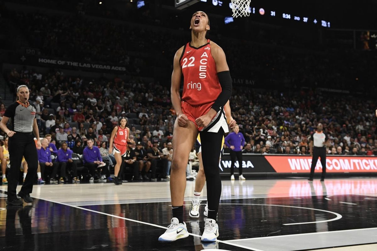 May 30, 2025; Las Vegas, Nevada, USA; Las Vegas Aces center A'ja Wilson (22) reacts to a play against the Los Angeles Sparks in the first quarter of their game at Michelob Ultra Arena. Mandatory Credit: Candice Ward-Imagn Images