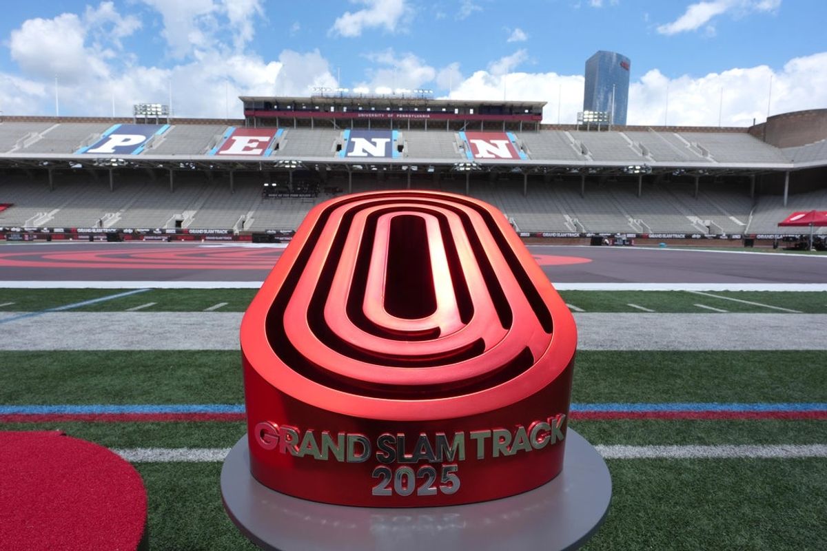 May 31, 2025; Philadelphia, PA, USA; The Grand Slam Track trophy at Franklin Field. Mandatory Credit: Kirby Lee-Imagn Images