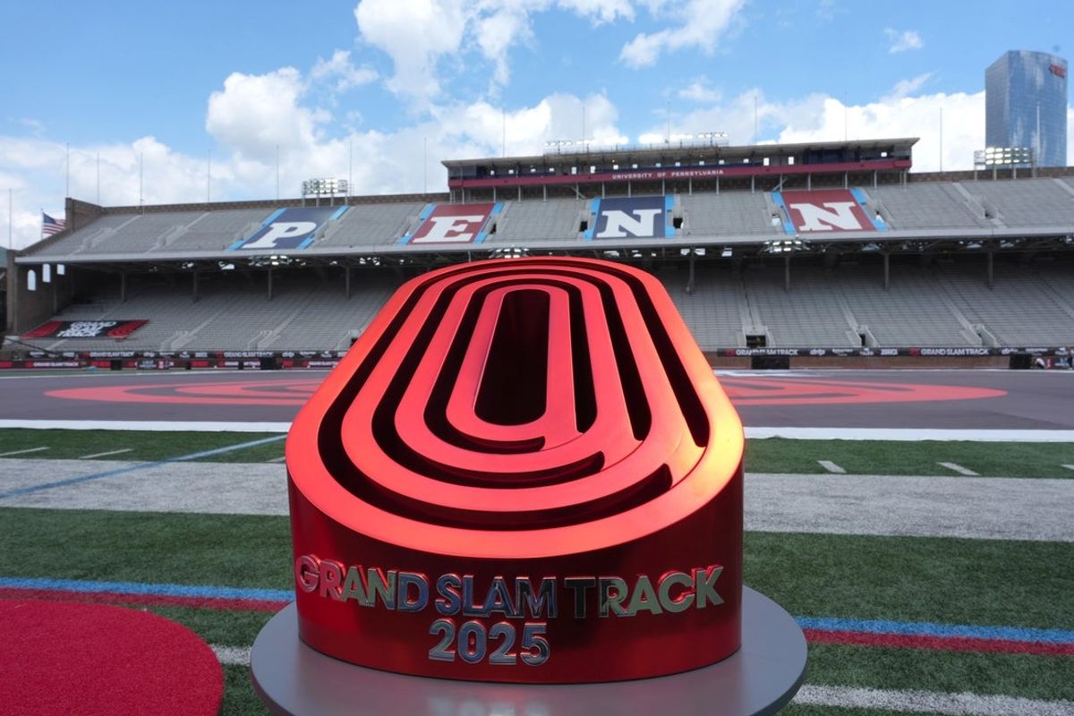 May 31, 2025; Philadelphia, PA, USA; The Grand Slam Track trophy at Franklin Field. Mandatory Credit: Kirby Lee-Imagn Images