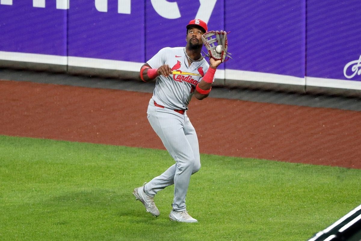 May 27, 2025; Baltimore, Maryland, USA; St. Louis Cardinals outfielder Jordan Walker (18) catches the ball for an out during the fourth inning against the Baltimore Orioles at Oriole Park at Camden Yards. Mandatory Credit: Daniel Kucin Jr.-Imagn Images