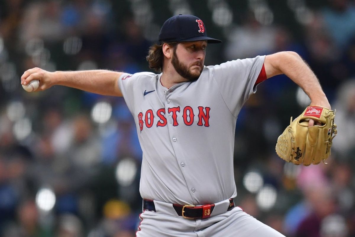 May 28, 2025; Milwaukee, Wisconsin, USA; Boston Red Sox pitcher Justin Slaten (63) pitches during a game against the Milwaukee Brewers at American Family Field. Mandatory Credit: Patrick Gorski-Imagn Images