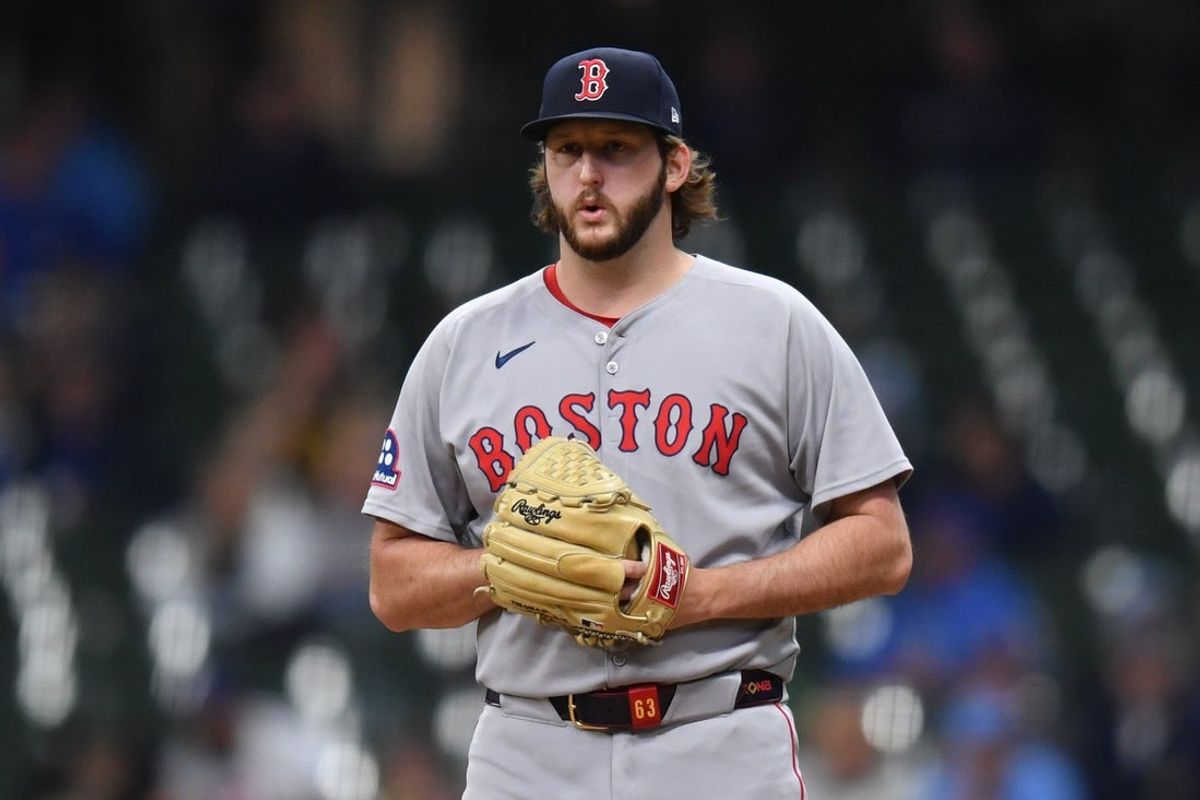 May 28, 2025; Milwaukee, Wisconsin, USA; Boston Red Sox pitcher Justin Slaten (63) pitches during a game against the Milwaukee Brewers at American Family Field. Mandatory Credit: Patrick Gorski-Imagn Images