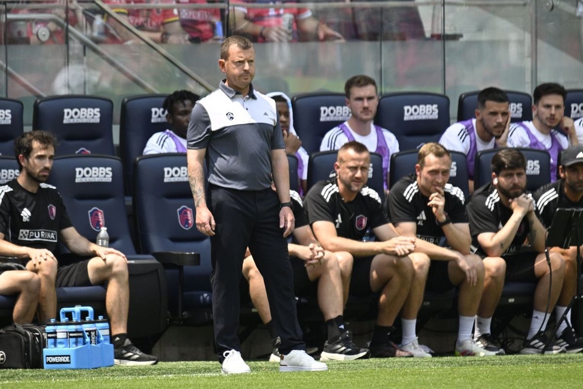 May 31, 2025; St. Louis, Missouri, USA; St. Louis City SC interim head coach David Critchley during the match against the San Jose Earthquakes at Energizer Park. Mandatory Credit: Scott Rovak-Imagn Images