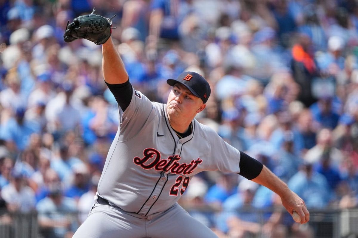 May 31, 2025; Kansas City, Missouri, USA; Detroit Tigers starting pitcher Tarik Skubal (29) delivers a pitch against the Kansas City Royals in the first inning at Kauffman Stadium. Mandatory Credit: Denny Medley-Imagn Images