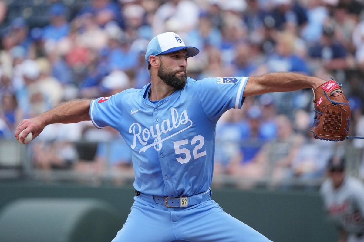 May 31, 2025; Kansas City, Missouri, USA; Kansas City Royals starting pitcher Michael Wacha (52) delivers a pitch against the Detroit Tigers in the first inning at Kauffman Stadium. Mandatory Credit: Denny Medley-Imagn Images