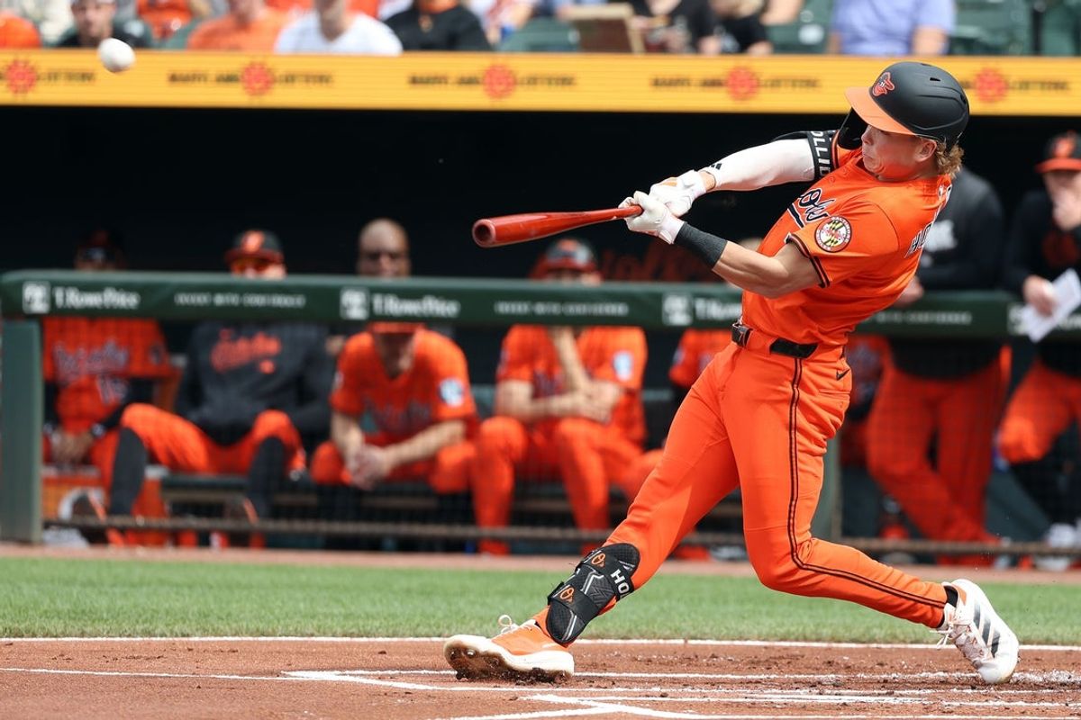 May 31, 2025; Baltimore, Maryland, USA; Baltimore Orioles second baseman Jackson Holliday (7) hits a home run during the first inning against the Chicago White Sox at Oriole Park at Camden Yards. Mandatory Credit: Daniel Kucin Jr.-Imagn Images