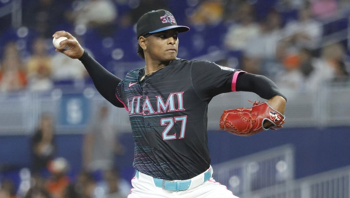 May 31, 2025; Miami, Florida, USA;  Miami Marlins starting pitcher Edward Cabrera (27) pitches against the San Francisco Giants during the first inning at loanDepot Park. Mandatory Credit: Rhona Wise-Imagn Images
