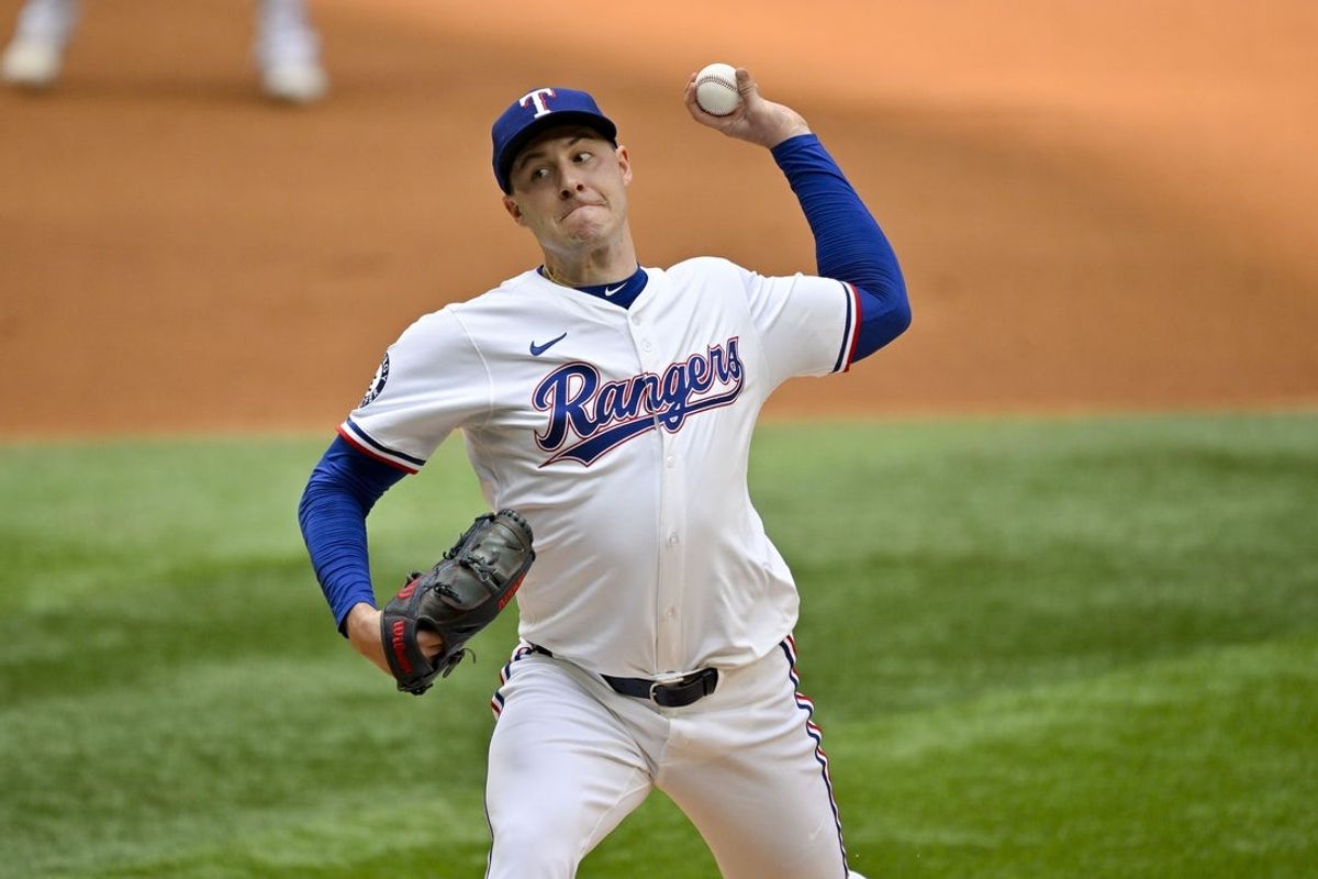 May 31, 2025; Arlington, Texas, USA; Texas Rangers starting pitcher Patrick Corbin (46) pitches against the St. Louis Cardinals during the second inning at Globe Life Field. Mandatory Credit: Jerome Miron-Imagn Images