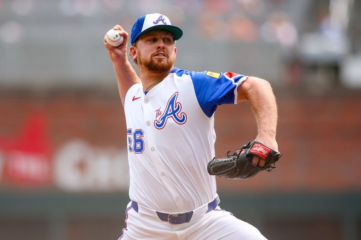 May 31, 2025; Atlanta, Georgia, USA; Atlanta Braves starting pitcher Spencer Schwellenbach (56) throws against the Boston Red Sox in the first inning at Truist Park. Mandatory Credit: Brett Davis-Imagn Images
