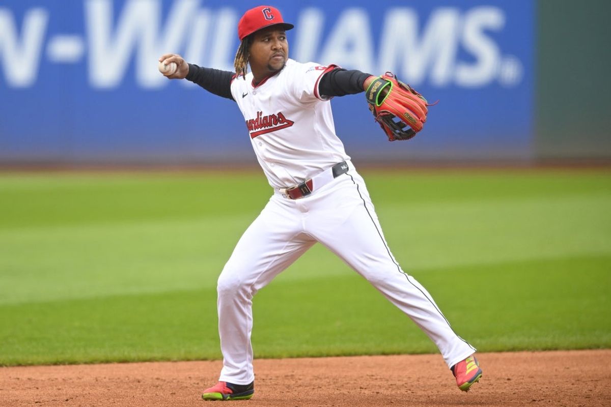 May 31, 2025; Cleveland, Ohio, USA; Cleveland Guardians third baseman Jose Ramirez (11) throws to first base in the third inning against the Los Angeles Angels at Progressive Field. Mandatory Credit: David Richard-Imagn Images