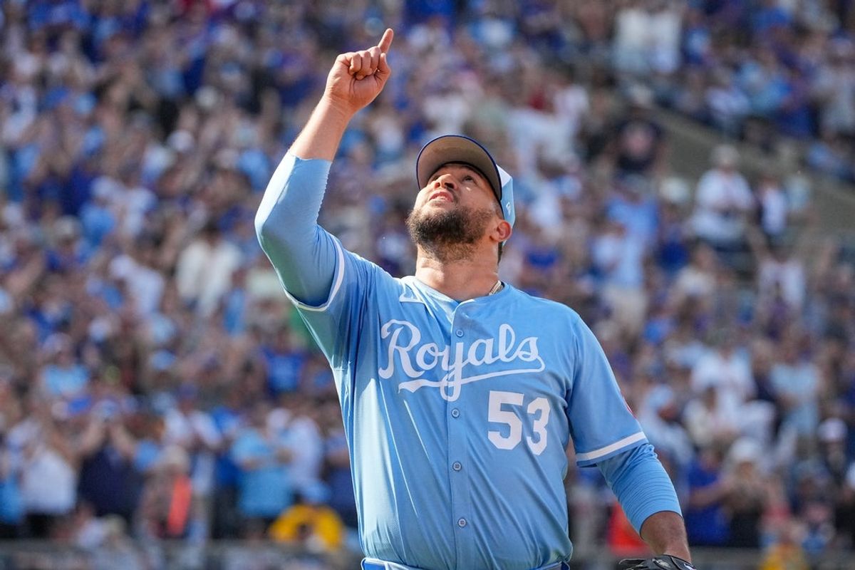 May 31, 2025; Kansas City, Missouri, USA; Kansas City Royals relief pitcher Carlos Estevez (53) celebrates after the win over the Detroit Tigers at Kauffman Stadium. Mandatory Credit: Denny Medley-Imagn Images