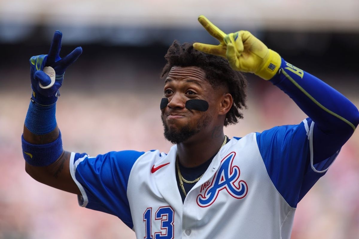 May 31, 2025; Atlanta, Georgia, USA; Atlanta Braves right fielder Ronald Acuna Jr. (13) motions to the crowd against the Boston Red Sox in the sixth inning at Truist Park. Mandatory Credit: Brett Davis-Imagn Images