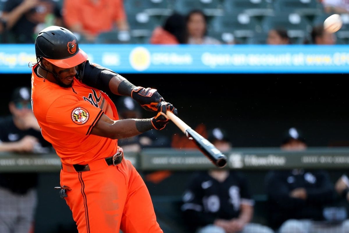 May 31, 2025; Baltimore, Maryland, USA; Baltimore Orioles shortstop Jorge Mateo (3) hits a home run during the fifth inning against the Chicago White Sox at Oriole Park at Camden Yards. Mandatory Credit: Daniel Kucin Jr.-Imagn Images