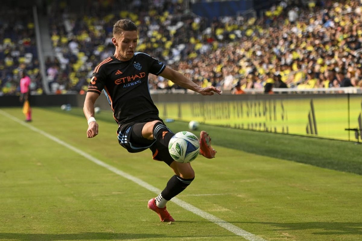 May 31, 2025; Nashville, Tennessee, USA;  New York City FC midfielder Hannes Wolf (17) stops the ball against Nashville SC during the second half at Geodis Park. Mandatory Credit: Steve Roberts-Imagn Images