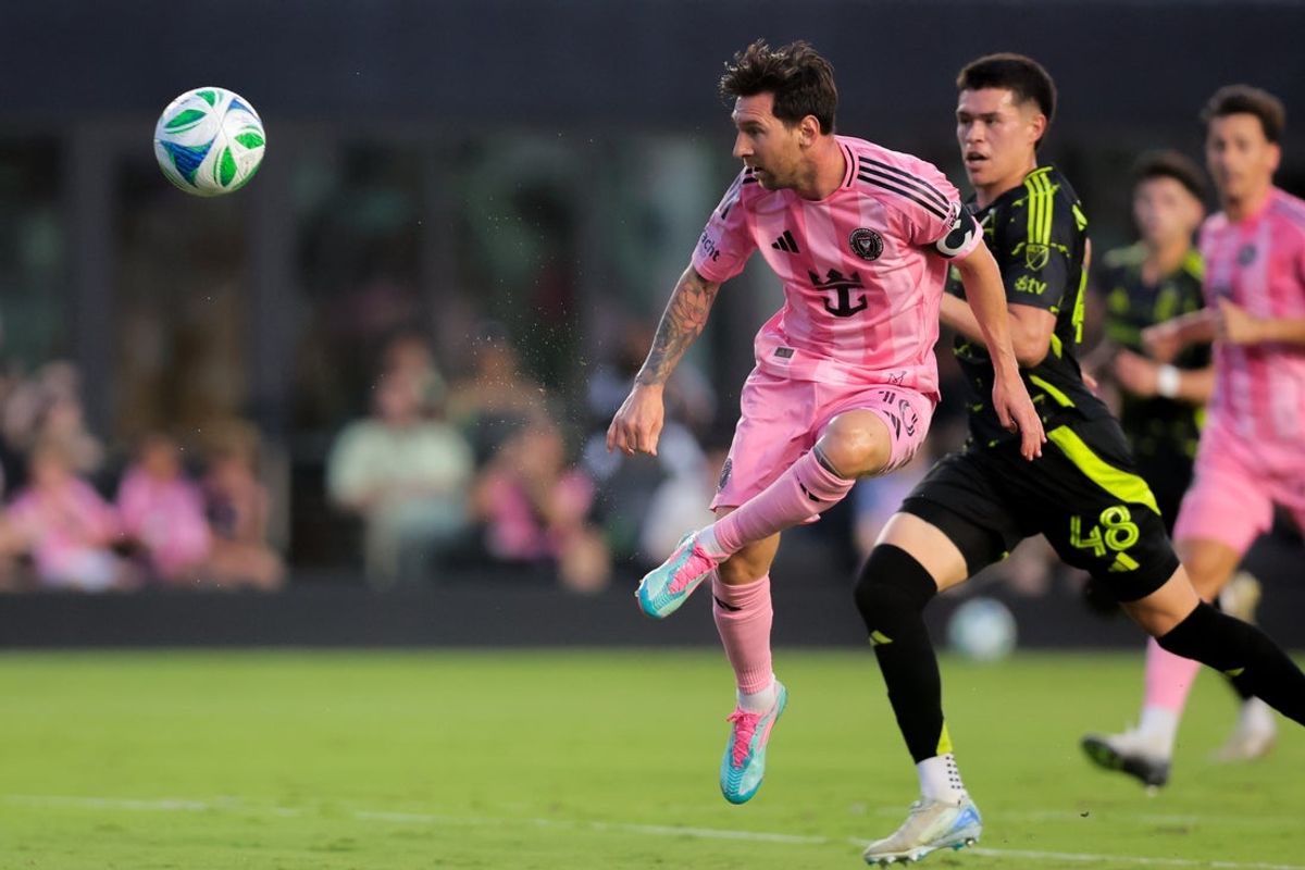 May 31, 2025; Fort Lauderdale, Florida, USA; Inter Miami CF forward Lionel Messi (10) scores against the Columbus Crew during the first half at Chase Stadium. Mandatory Credit: Sam Navarro-Imagn Images