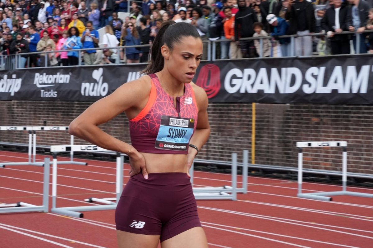 May 31, 2025; Philadelphia, PA, USA; Sydney McLaughin-Levrone (USA) reacts before the women's 100m hurdles during the Grand Slam Track Philadelphia at Franklin Field. Mandatory Credit: Kirby Lee-Imagn Images