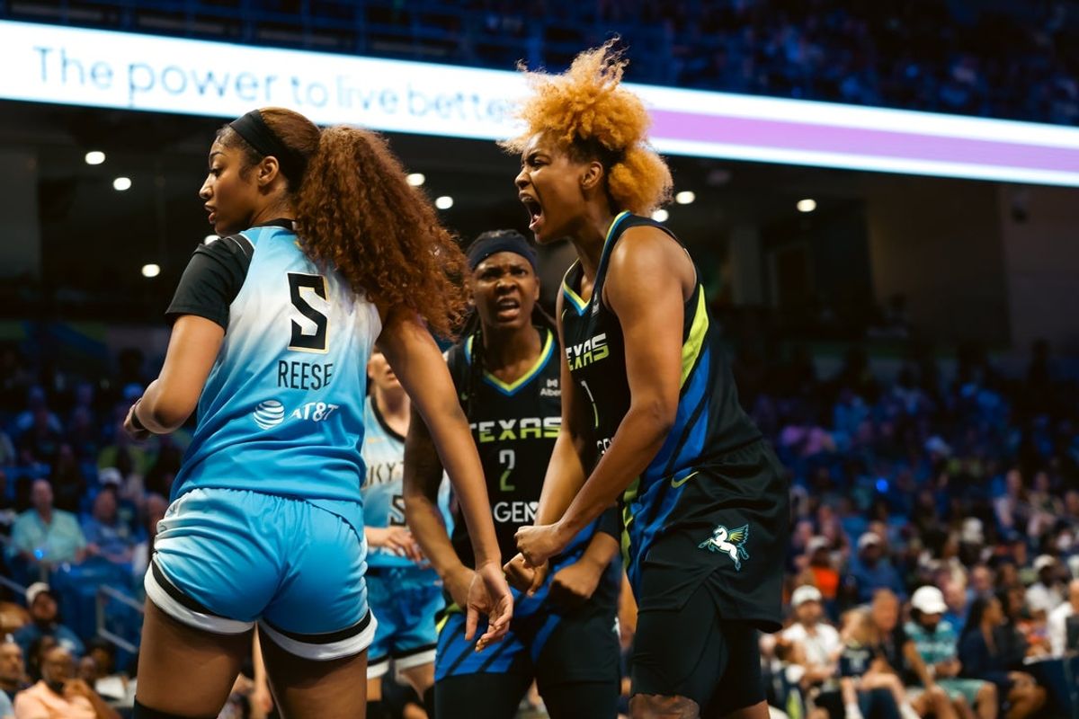 May 31, 2025; Arlington, Texas, USA;  Dallas Wings forward NaLyssa Smith (1) reacts after a play against the Chicago Sky during the first half at College Park Center. Mandatory Credit: Chris Jones-Imagn Images