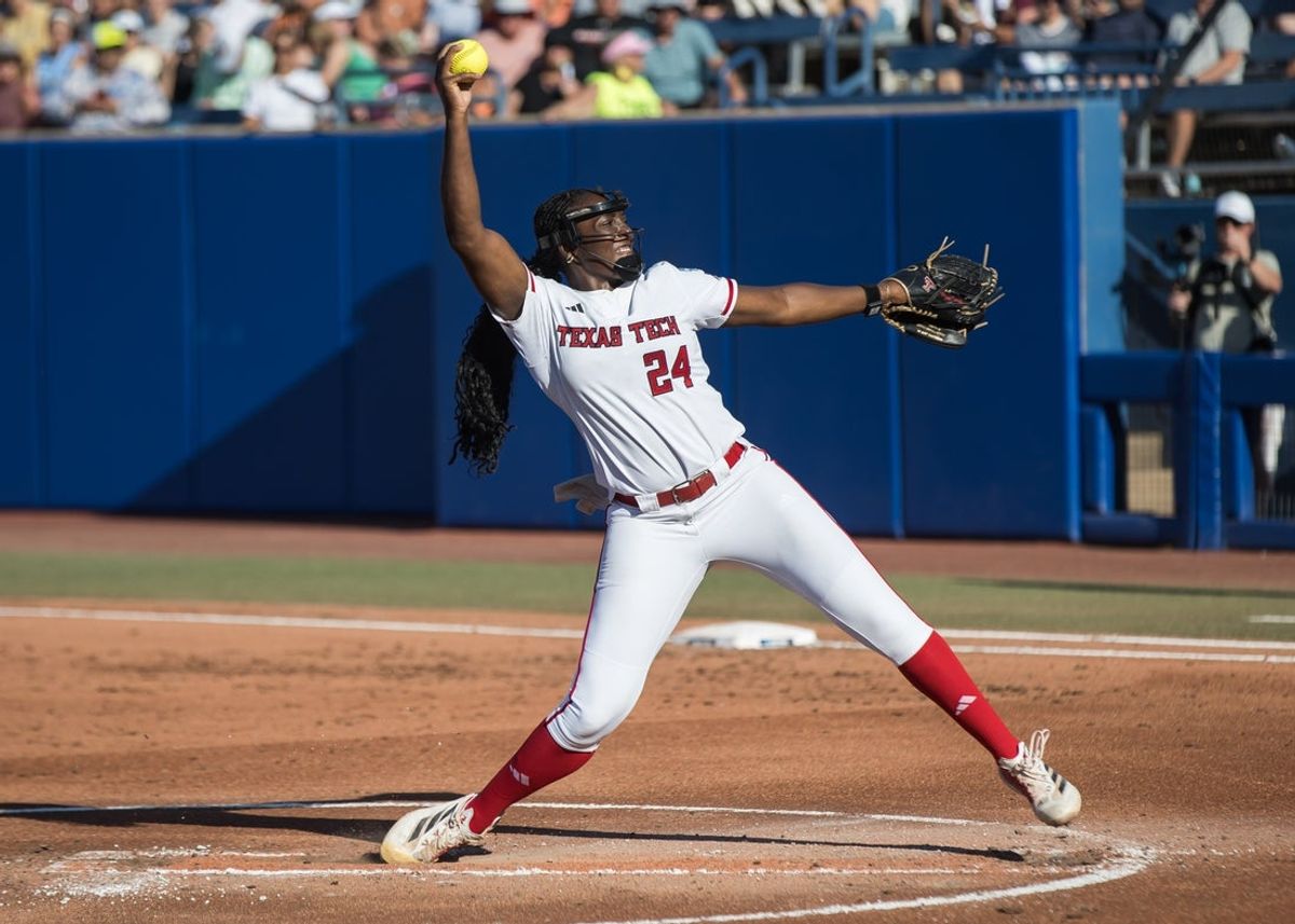 May 31, 2025; Oklahoma City, OK, USA; Texas Tech Red Raiders pitcher NiJaree Canady (24) throws a pitch in the first inning against the UCLA Bruins during the NCAA Softball Women's College World Series at Devon Park. Mandatory Credit: Brett Rojo-Imagn Images