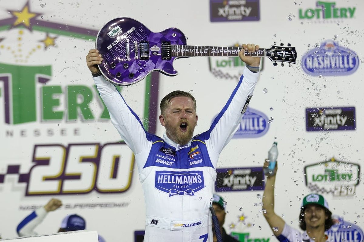 May 31, 2025; Lebanon, Tennessee, USA; NASCAR Xfinity Series driver Justin Allgaier (7) wins the Tennessee Lottery 250 at Nashville Superspeedway. Mandatory Credit: Randy Sartin-Imagn Images