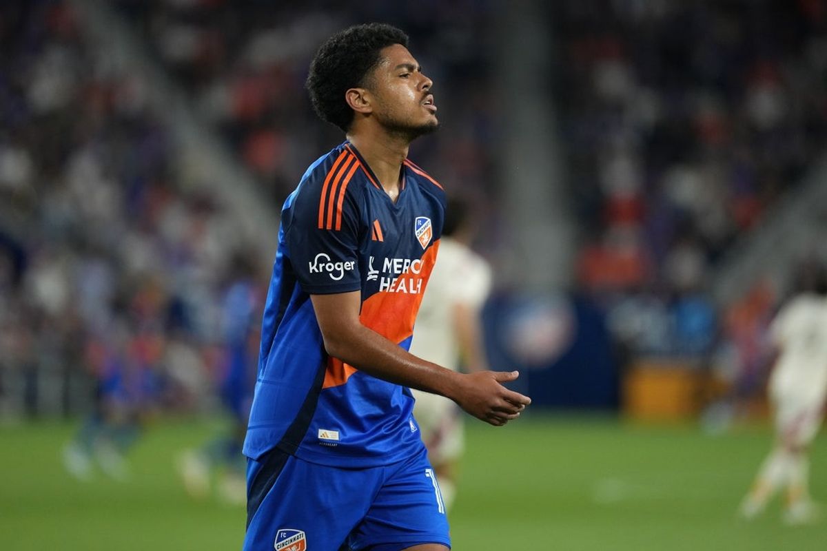 May 31, 2025; Cincinnati, Ohio, USA; FC Cincinnati midfielder Evander (10) reacts to a missed opportunity on goal during the second half against D.C. United at TQL Stadium. Mandatory Credit: Kareem Elgazzar-Imagn Images