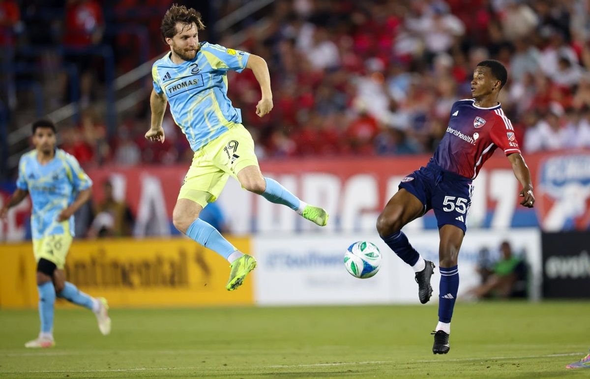 May 31, 2025; Frisco, Texas, USA;  Philadelphia Union midfielder Indiana Vassilev (19) and FC Dallas midfielder Kaick Ferriera (55) go for the ball during the second half at Toyota Stadium. Mandatory Credit: Kevin Jairaj-Imagn Images