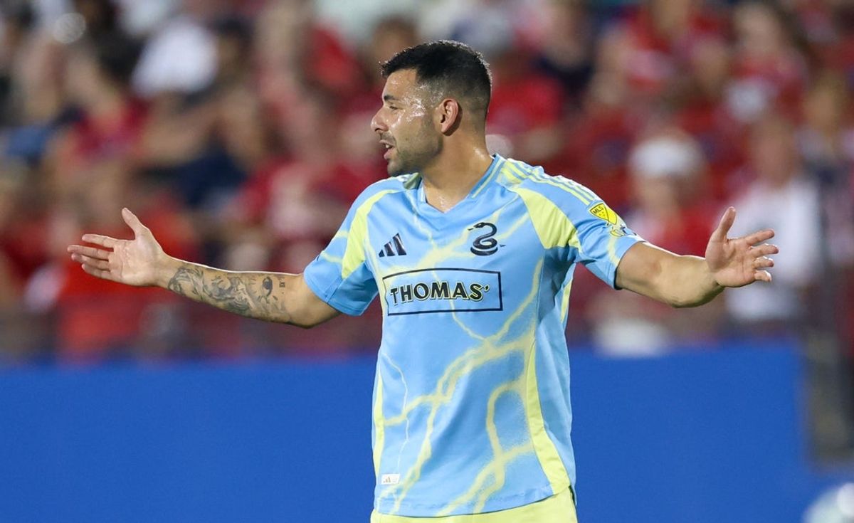 May 31, 2025; Frisco, Texas, USA;  Philadelphia Union forward Tai Baribo (9) reacts during the second half against  FC Dallas at Toyota Stadium. Mandatory Credit: Kevin Jairaj-Imagn Images