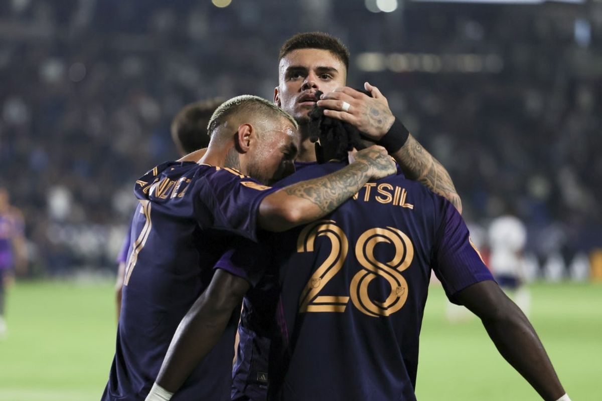 May 31, 2025; Carson, California, USA; Los Angeles Galaxy forward Joseph Paintsil (28) celebrates his goal with teammate Gabriel Pec (11) and Diego Fagundez (7) in the second half against Real Salt Lake at Dignity Health Sports Park. Mandatory Credit: Bailey Holiver-Imagn Images
