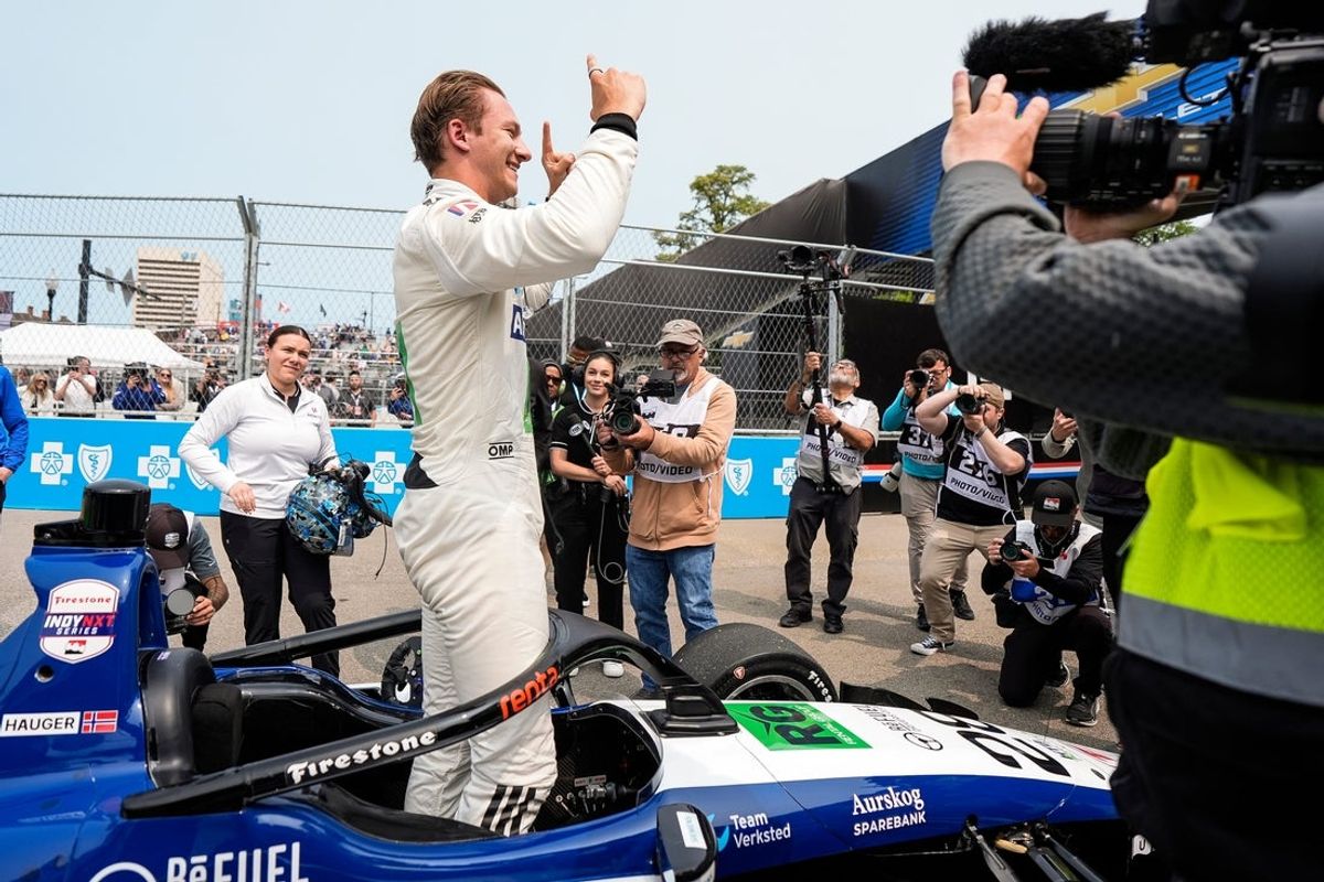 IndyCar NXT driver Dennis Hauger wins the Indy NXT race during Detroit Grand Prix in Detroit on Sunday, June 1, 2025.