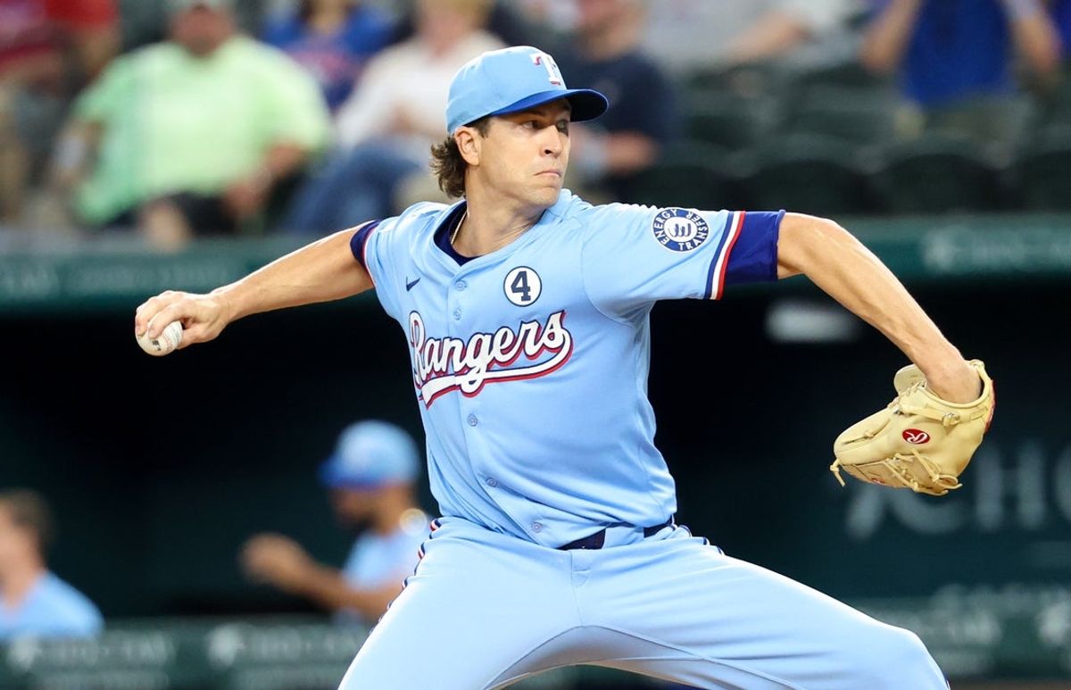 Jun 1, 2025; Arlington, Texas, USA; Texas Rangers starting pitcher Jacob deGrom (48) throws during the first inning against the St. Louis Cardinals at Globe Life Field. Mandatory Credit: Kevin Jairaj-Imagn Images