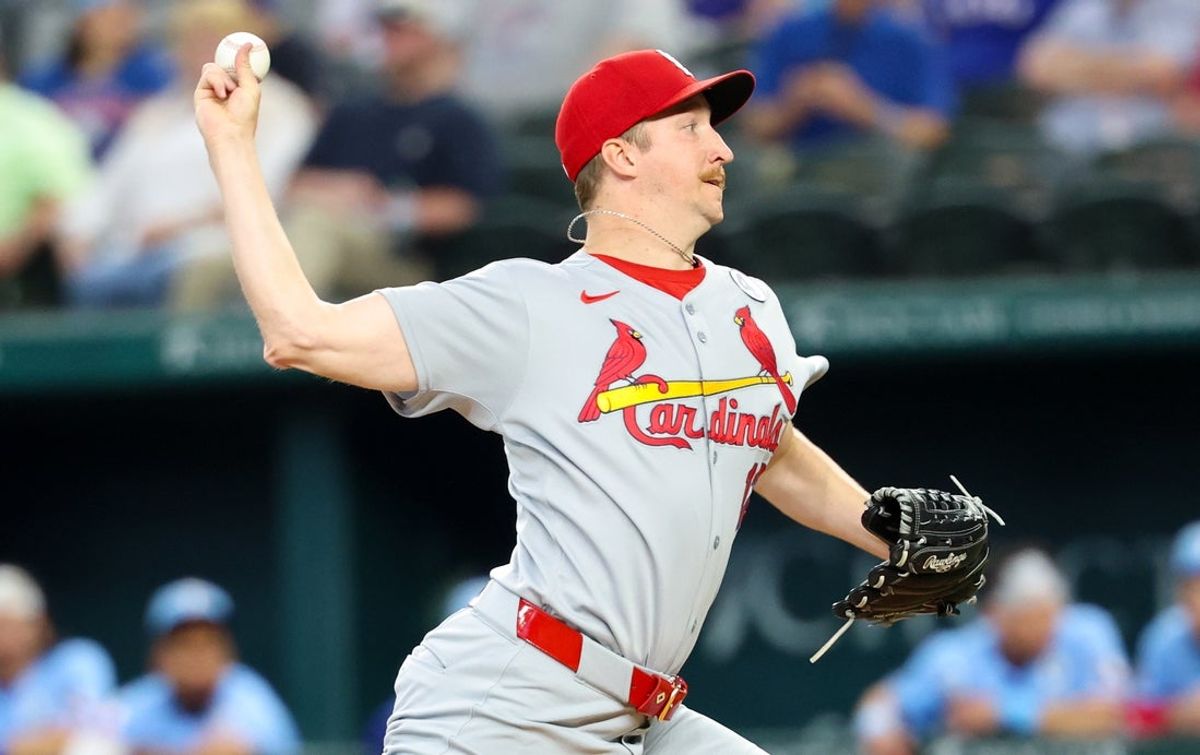 Jun 1, 2025; Arlington, Texas, USA; St. Louis Cardinals starting pitcher Erick Fedde (12) throws during the first inning against the Texas Rangers at Globe Life Field. Mandatory Credit: Kevin Jairaj-Imagn Images