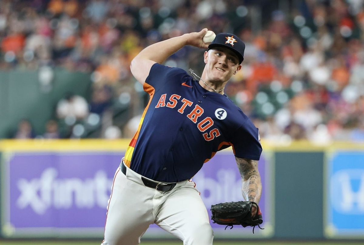 Jun 1, 2025; Houston, Texas, USA; Houston Astros starting pitcher Hunter Brown (58) pitches against the Tampa Bay Rays in the first inning at Daikin Park. Mandatory Credit: Thomas Shea-Imagn Images