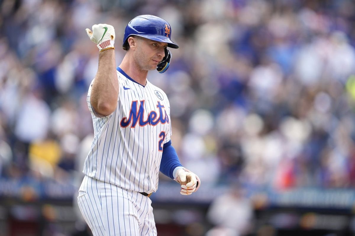 Jun 1, 2025; New York City, New York, USA; New York Mets first baseman Pete Alonso (20) reacts to hitting a three-run homer against the Colorado Rockies during the fourth inning at Citi Field. Mandatory Credit: Gregory Fisher-Imagn Images