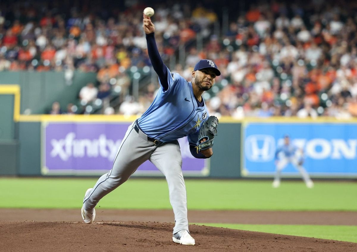 Jun 1, 2025; Houston, Texas, USA; Tampa Bay Rays starting pitcher Taj Bradley (45) pitches against the Houston Astros in the first inning at Daikin Park. Mandatory Credit: Thomas Shea-Imagn Images