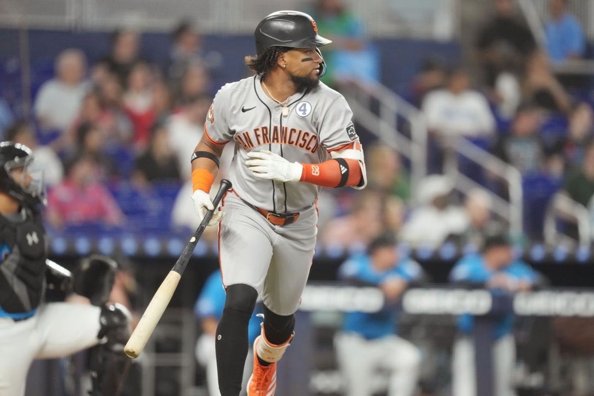 Jun 1, 2025; Miami, Florida, USA;  San Francisco Giants center fielder Luis Matos (29) rounds the bases after hitting a three-run home run in the fourth inning against the Miami Marlins at loanDepot Park. Mandatory Credit: Jim Rassol-Imagn Images