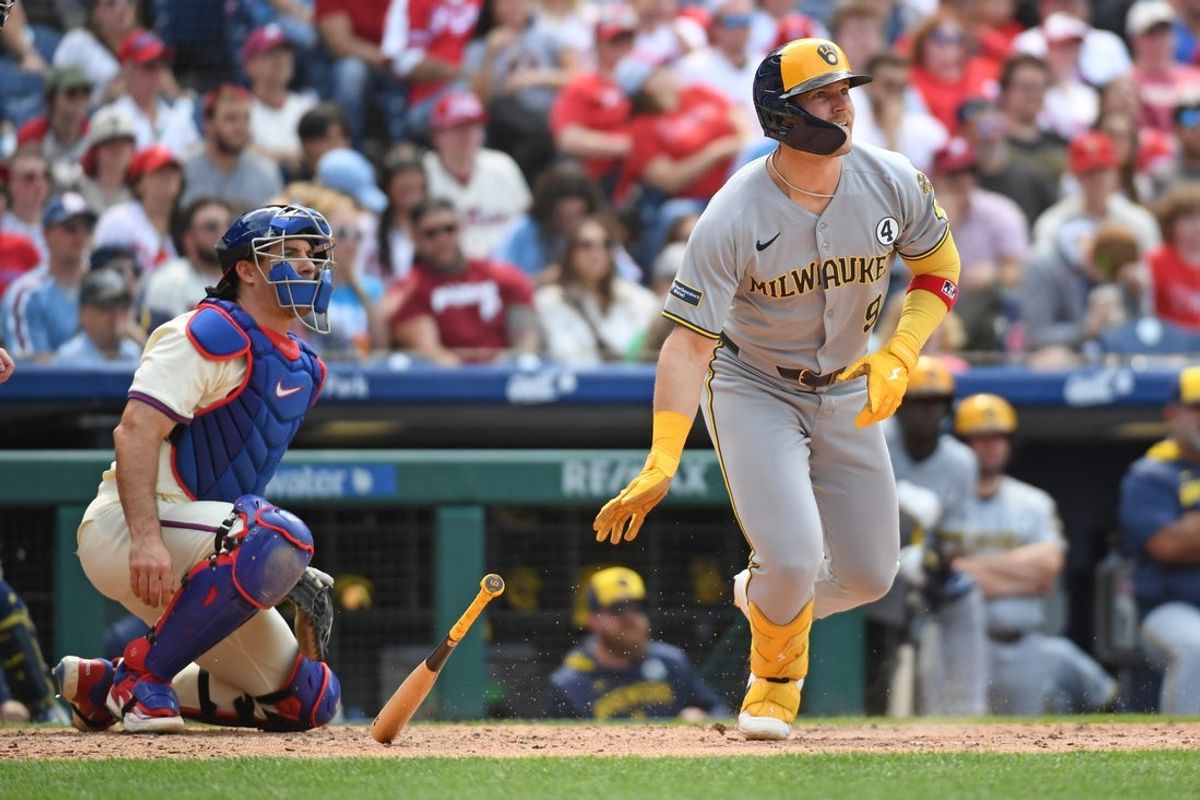 Jun 1, 2025; Philadelphia, Pennsylvania, USA; Milwaukee Brewers first base Jake Bauers (9) watches his two-run RBI double during the seventh inning against the Philadelphia Phillies at Citizens Bank Park. Mandatory Credit: Eric Hartline-Imagn Images