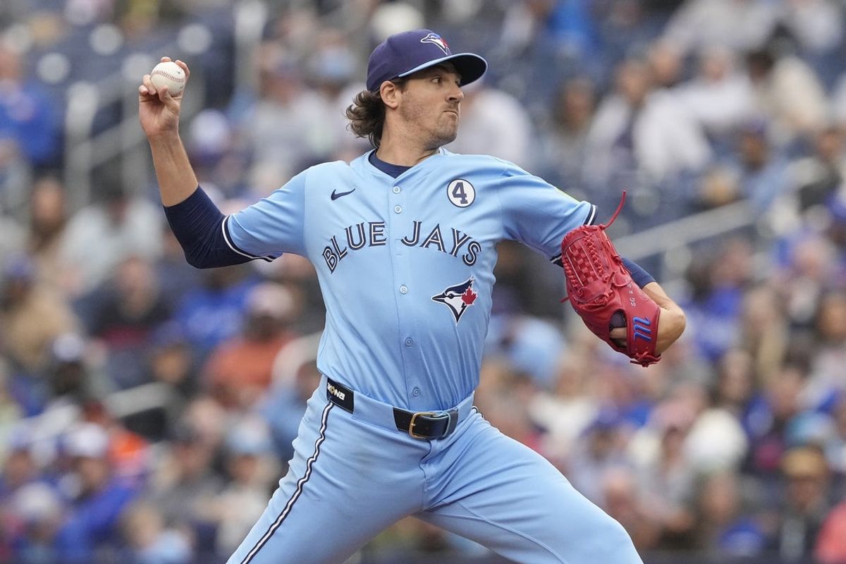 Jun 1, 2025; Toronto, Ontario, CAN; Toronto Blue Jays starting pitcher Kevin Gausman (34) pitches to the Oakland Athletics during the fifth inning at Rogers Centre. Mandatory Credit: John E. Sokolowski-Imagn Images