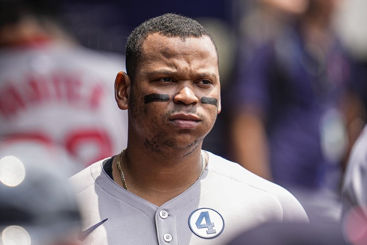 Jun 1, 2025; Cumberland, Georgia, USA; Boston Red Sox designated hitter Rafael Devers (11) shown in the dugout before the game against the Atlanta Braves at Truist Park. Mandatory Credit: Dale Zanine-Imagn Images