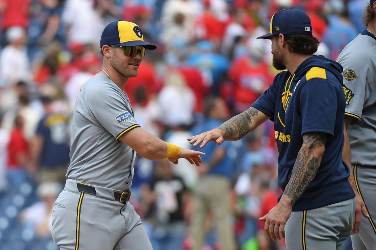 Jun 1, 2025; Philadelphia, Pennsylvania, USA; Milwaukee Brewers first base Jake Bauers (9) celebrates win against the Philadelphia Phillies at Citizens Bank Park. Mandatory Credit: Eric Hartline-Imagn Images