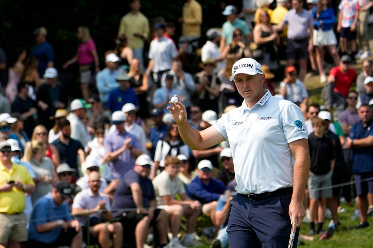 Sepp Straka reacts after sinking his putt on the ninth hole during the final round of the Memorial Tournament at Muirfield Village Golf Course on Sunday, June 1, 2025 in Dublin, Ohio.