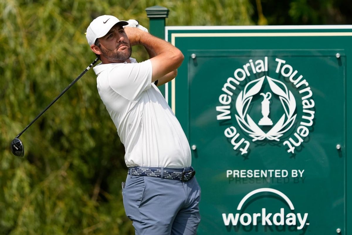 Scottie Scheffler tees off on eight nine the final round of the Memorial Tournament at Muirfield Village Golf Club in Dublin on June 1, 2025.