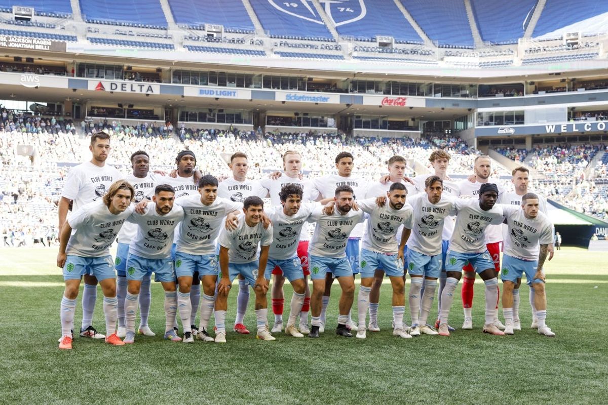 Jun 1, 2025; Seattle, Washington, USA; Seattle Sounders FC players pose for a photo while wearing t-shirts to protest FIFA Club World Cup bonus sharing from MLS before a game against the Minnesota United at Lumen Field. Mandatory Credit: Joe Nicholson-Imagn Images