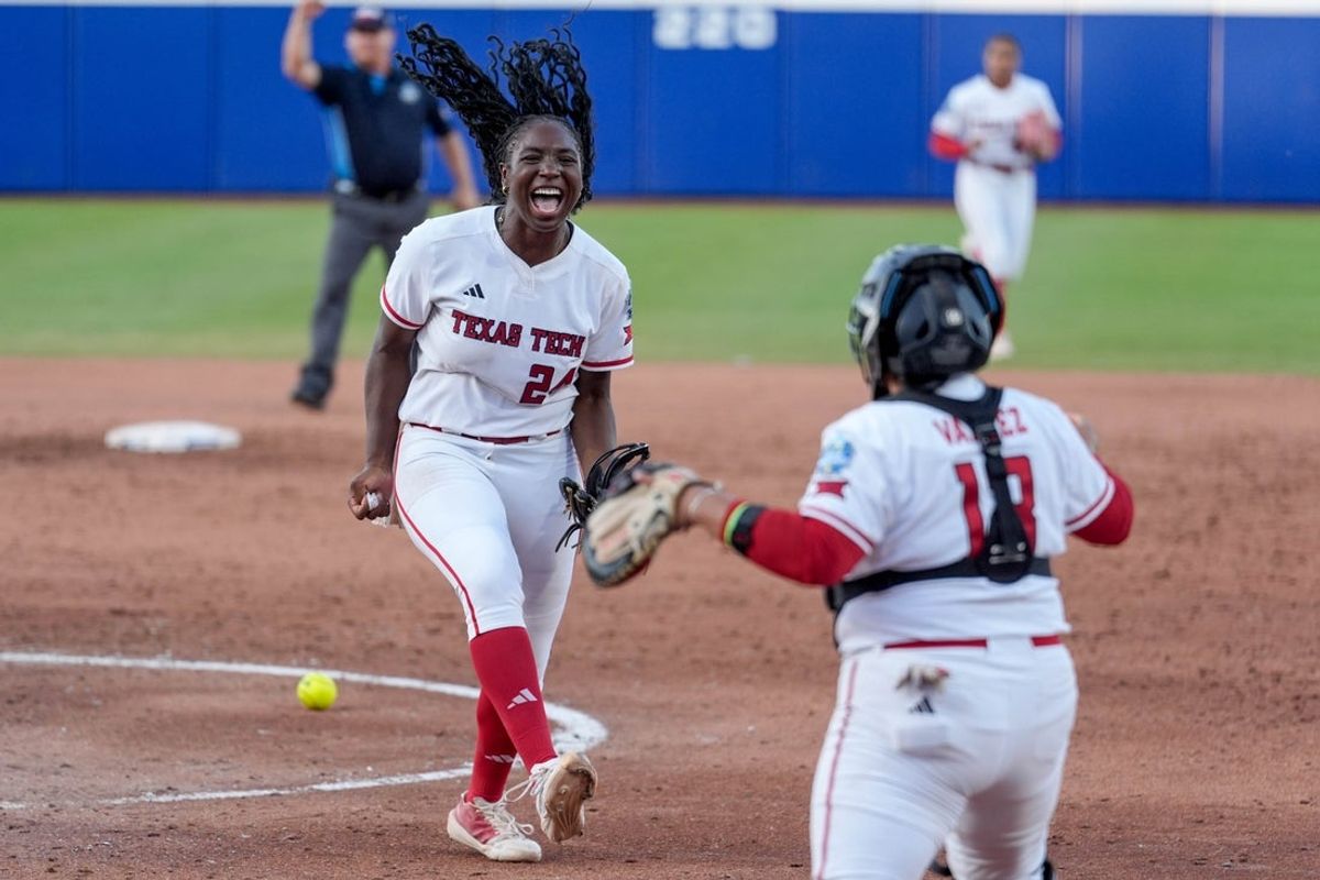 Texas Tech starting pitcher NiJaree Canady (24) celebrates winng against UCLA after a softball game between Texas Tech and UCLA at the Women’s College World Series at Devon Park in Oklahoma City, on Saturday, May 31, 2025.