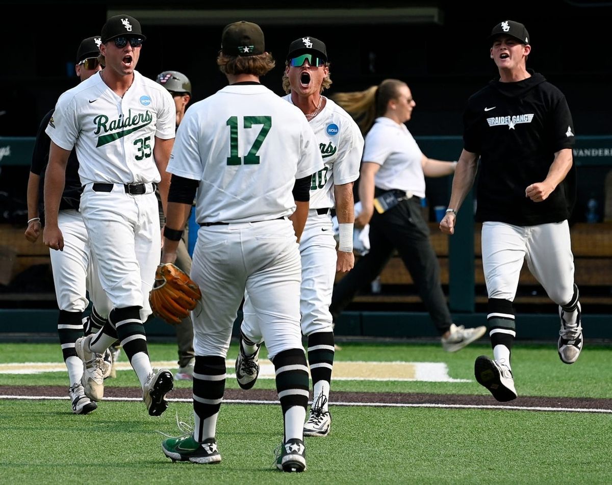 Wright State pitcher Warren Hartzell (17) celebrates with teammates after their win against Vanderbilt in a Nashville Regional NCAA Baseball Tournament elimination game at Hawkins Field Sunday, June 1, 2025, in Nashville, Tenn. Vanderbilt lost 5-4.