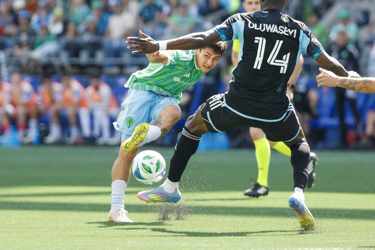 Jun 1, 2025; Seattle, Washington, USA; Seattle Sounders FC defender Kalani Kossa-Rienzi (85) passes against the Minnesota United during the first half at Lumen Field. Mandatory Credit: Joe Nicholson-Imagn Images