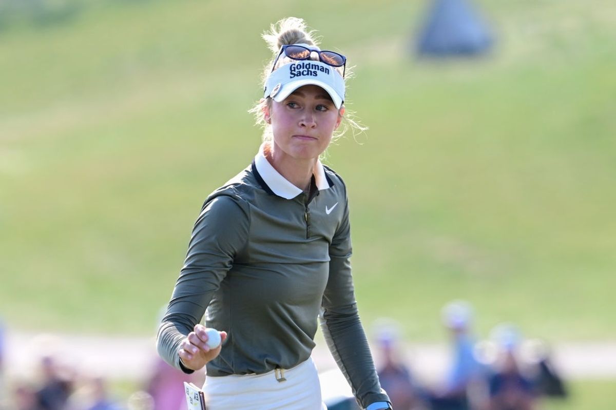 Jun 1, 2025; Erin, Wisconsin, USA; Nelly Korda reacts after finishing the final round of the U.S. Women's Open golf tournament. Mandatory Credit: Benny Sieu-Imagn Images
