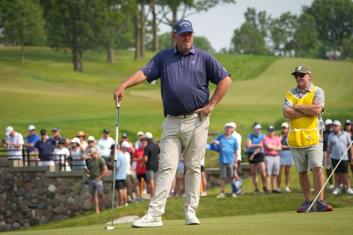 Thomas Bjorn sizes up his shot during the 2025 Principal Charity Classic on Sunday, June 1, 2025, at the Wakonda Club in Des Moines.